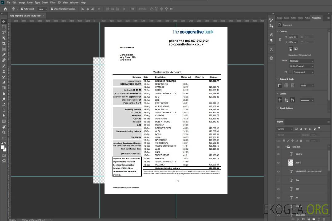 Royaume-Uni Relevé bancaire de The Co-operative au format Excel et PDF template